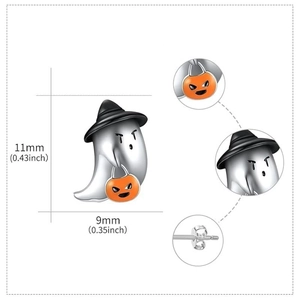 Ghost earrings detail with dimensions 11x9mm showing witch hat and pumpkin lantern charms