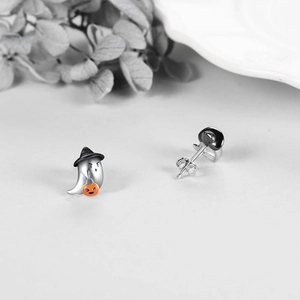 Halloween ghost stud earrings in silver with wizard hat and orange pumpkin basket