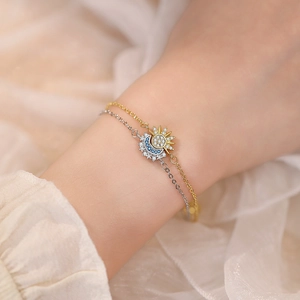 Couples sun and moon bracelet set with sparkling cubic zirconia on delicate metal chains