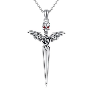 Gothic Skull Bat Wings Pendant Necklace Copper With Red Zircon Eyes Rose Sword Vintage Punk Jewelry For Women Men