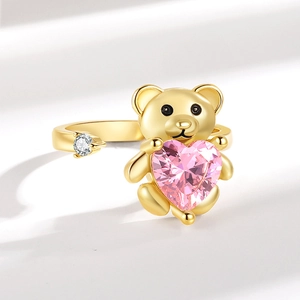 Bague ours pivotante avec zircon cœur rose et placage en or 18 carats minimaliste