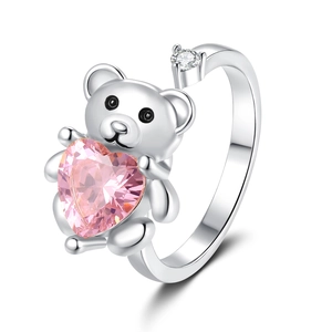 Bague anti-stress ours rotatif avec cristal coeur rose et finition argentée