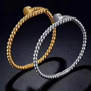 Bracelet Jonc Clou À Perles Acier Inoxydable Manchette Ouverte Bijoux Mode Pour Femmes Élégant Minimaliste