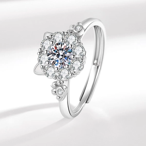 Adjustable silver spinning cat ring with sparkling crystal and floral cat ear accents