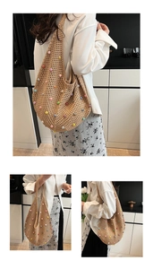 Close-up of hollow crochet weave and colorful pearl embellishments on the tote bag