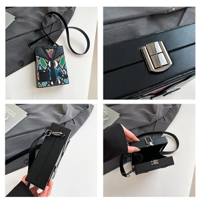 Macro views of box bag details showing snake pattern tie design and metal buckle