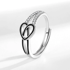 Bague Noeud Double Coeur Cuivre Zircon Émail Noir Réglable Bijoux Ouverts Femmes Mode Élégant Minimaliste Cadeau