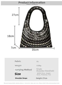 Size guide for black PU shoulder bag with silver rivets and crescent shape dimensions