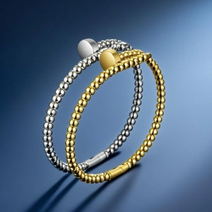 Minimalist Stainless Steel Beaded Nail Open Cuff Bangle For Women Gold Silver Plated Industrial Style Geometric Bracelet Jewelry Gift