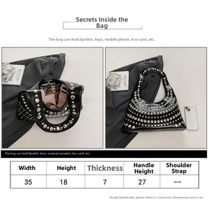 Size chart for black rivet shoulder bag showing dimensions 35x18x7cm with 27cm handle height