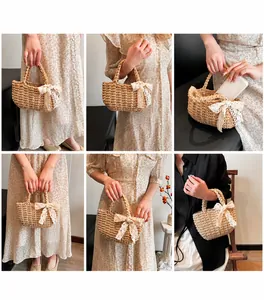 Detailed views of handmade woven straw handbags with lace bows in beige and yellow