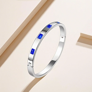 Detail of silver stainless steel bangle featuring four inlaid blue rectangular gemstones
