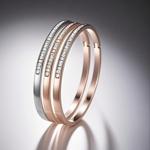 Détail de trois bracelets joncs en titane empilables avec zircons et fermoir à charnière