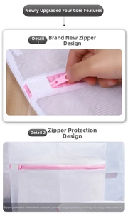 Detail of grey mesh laundry bag with pink zipper and protective hidden cover design