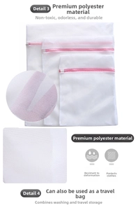 Three-piece polyester mesh laundry bags with durable pink zipper and fine mesh texture