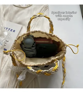 Internal view of straw bag with drawstring liner showing large storage capacity