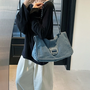 Japanese style denim tote bag with silver buckle and chain strap for daily commuting