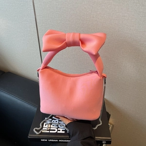 Women Large Bow Handbag Nylon Satin Fabric Sweet Elegant Silver Chain Crossbody Shoulder Bag Casual Party