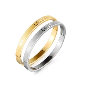 Minimalist stainless steel LOVE bangle set in gold and silver with matte finish