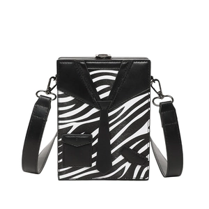 Unique zebra print box crossbody bag with creative tuxedo suit design and shoulder strap