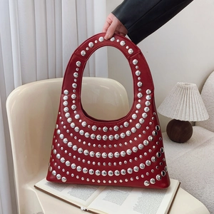 Women Punk Rivet Hobo Bag PU Leather Silver Studded Underarm Shoulder Purse Retro Trendy Fashion