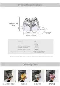 Detailed size chart and dimensions of the metallic skull embossed drawstring bucket bag