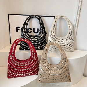 Women's punk style hobo bags with silver rivets in black white red and apricot