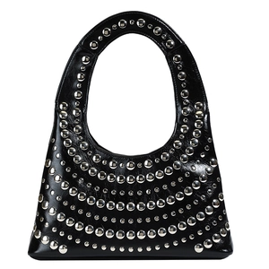 Punk style black hobo bag with silver metallic rivets and sleek faux leather finish