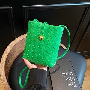 Women Woven Phone Bag Mini Crossbody Bag PU Leather With Gold Ball Clasp French Vintage Vertical Shoulder Purse