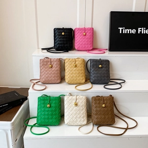 French style woven mini crossbody phone bags in multiple colors with gold ball buckle