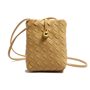 Classic woven leather crossbody phone bag in beige with gold bead clasp and strap