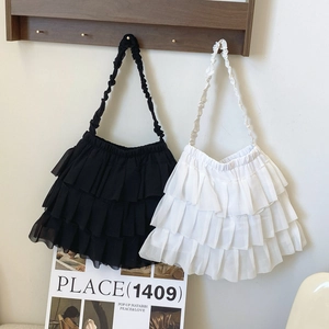 Chiffon ruffle shoulder bag in black and white with multi-layer pleats and ruched straps