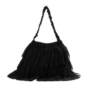 Elegant black pleated tote bag with layered ruffle design and ruched handles