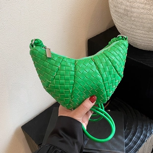Women Woven Crossbody Bag PU Leather Knotted Strap Fashion Crescent Dumpling Shoulder Purse Small Daily Handbag