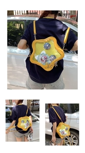 Star-shaped Ita bag detail showing the transparent PVC window and yellow PU material