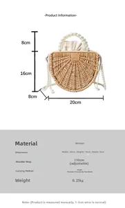 Detail view of woven bamboo bag with pearl handle and inner drawstring pouch