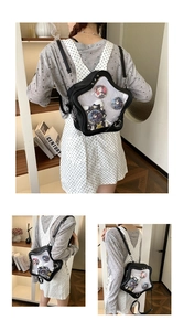 Detail view of star-shaped ita bag featuring transparent window for anime badge display
