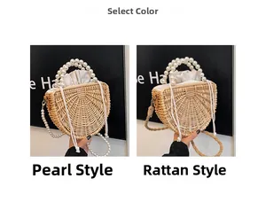 Detail view of handmade bamboo woven beach bags with pearl handles and drawstring lining
