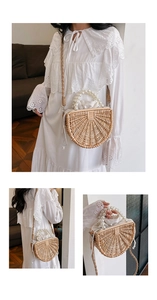 Detail of handmade bamboo bag featuring large pearl handles and drawstring inner pouch