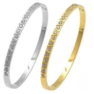 Minimalist titanium steel bangles in gold and silver with diagonal diamond inlay design