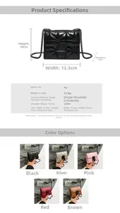 Detailed size specifications and color options for the quilted chain crossbody mini bag