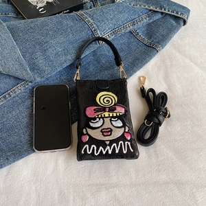 Mini sac pour téléphone en paillettes noires avec broderie fille cartoon et bandoulière