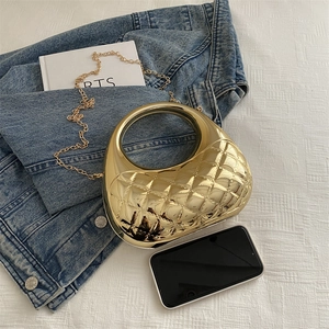 Chic gold metallic acrylic clutch bag with diamond lattice pattern and metal chain