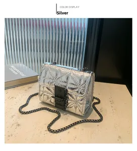 Macro shot of silver quilted mini crossbody bag with black metal chain and clasp