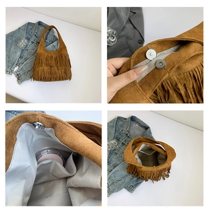 Detail view of brown suede tote bag featuring multi-layer fringe and magnetic closure
