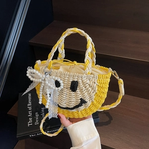 Women Handwoven Straw Bucket Bag Small Cute Smiley Face Beach Bag With Artificial Pearl Lace Bow Charm Crossbody Handbag For Summer