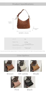 Detailed size specifications for pleated PU leather crossbody bag in multiple colors