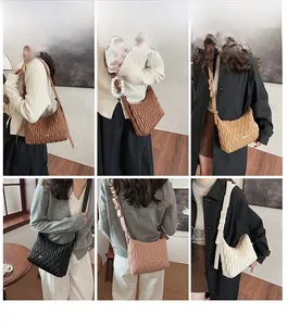 Detailed model showcase of pleated crossbody bucket bags in various versatile colors