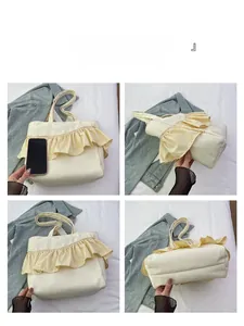 Detail shots showing pleated ruffles on a creamy canvas tote with size comparison