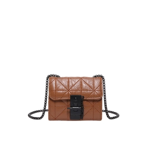 Brown quilted mini crossbody bag with vintage chain strap and metallic lock closure